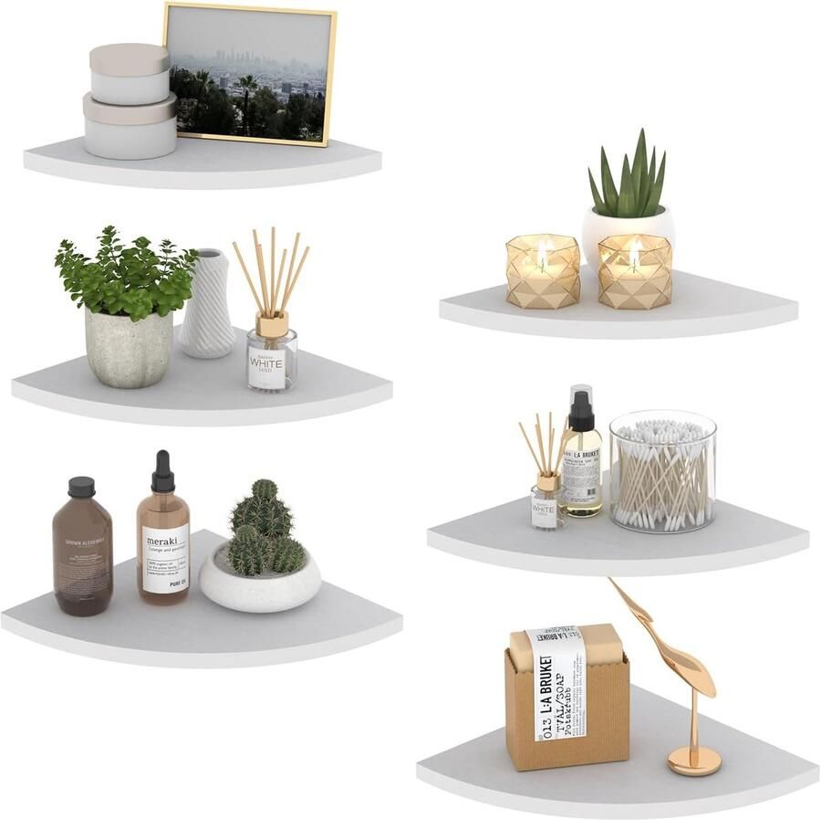 Wandrek hoekplank waaiervorm ruimtebesparend 6 stuks wit composiethout