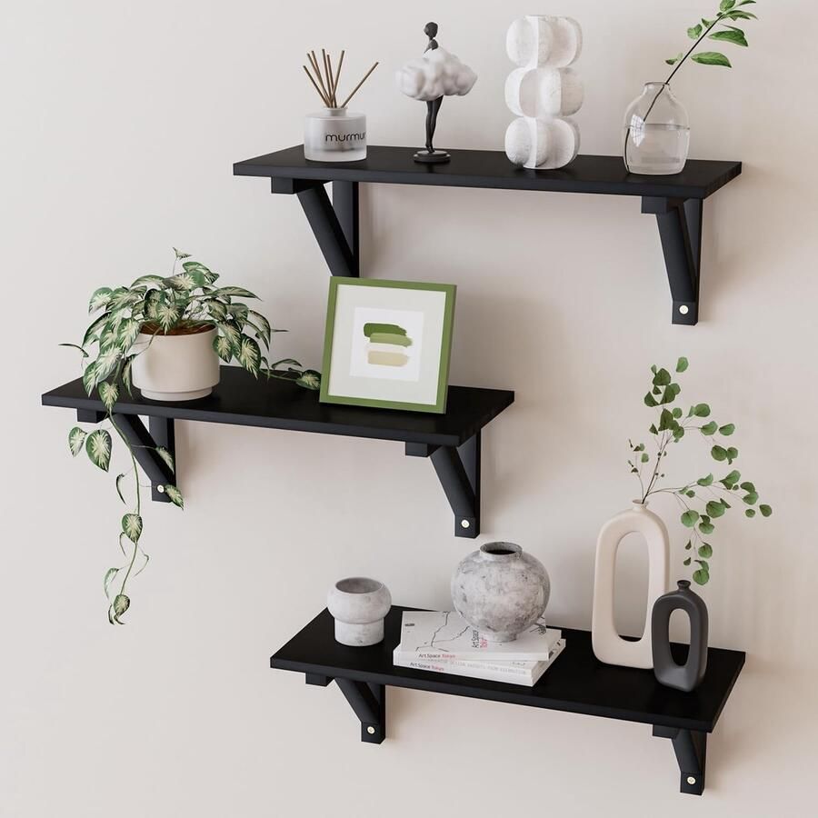 Wandrek Hout 3-delige Set Keukenrek Muurplank Zwart Hout