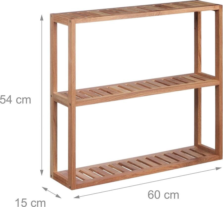 Wandrek hout 3 etages HBD: 54 x 60 x 15 cm smal badkamerrek keukenrek staand & hangend muurrek natuur