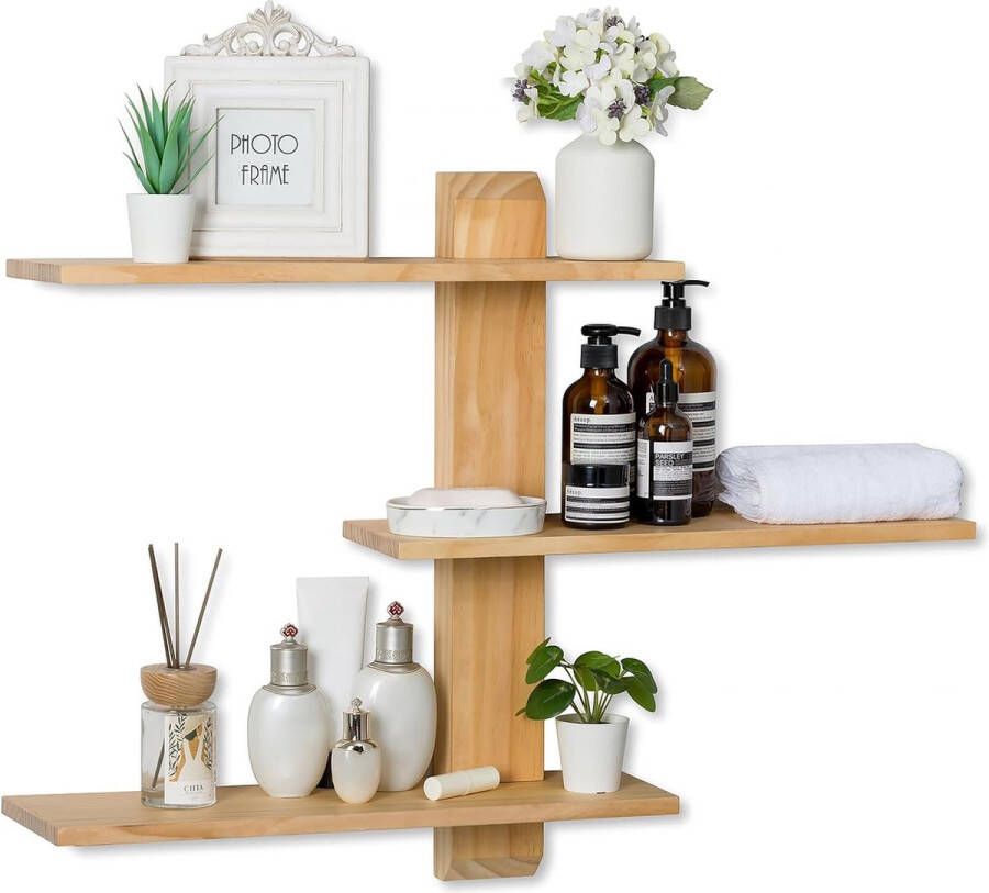 Wandrek hout 3-traps rustiek zwevend rek houten rek voor keuken kinderkamer badkamer woonkamer slaapkamer