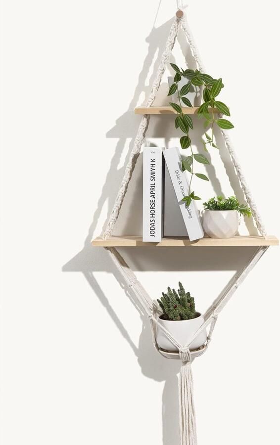 Wandrek hout boho macramé wandbehang plank wanddecoratie zwevend rek handgeweven natuurlijk drijfhout hangend rek chic zwevende planken voor woonkamer slaapkamer hal binnenplaats