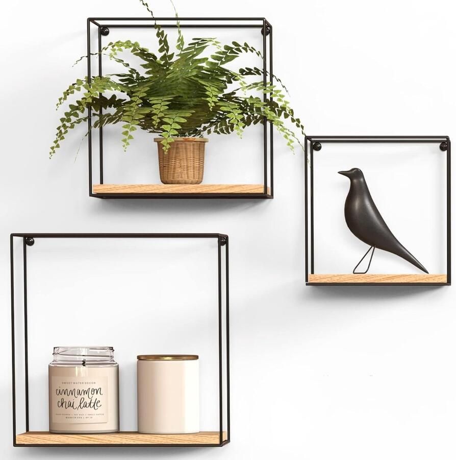 Wandrek Hout en Metaal Set van 3 Zwevend Wandrek Industrieel Hangend Wandkastje Zwart