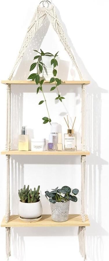 Wandrek hout macramé decoratie zwevend rek handgeweven drijfhout hangrek chic zwevende planken woonkamer slaapkamer badkamer boho stijl drie etages