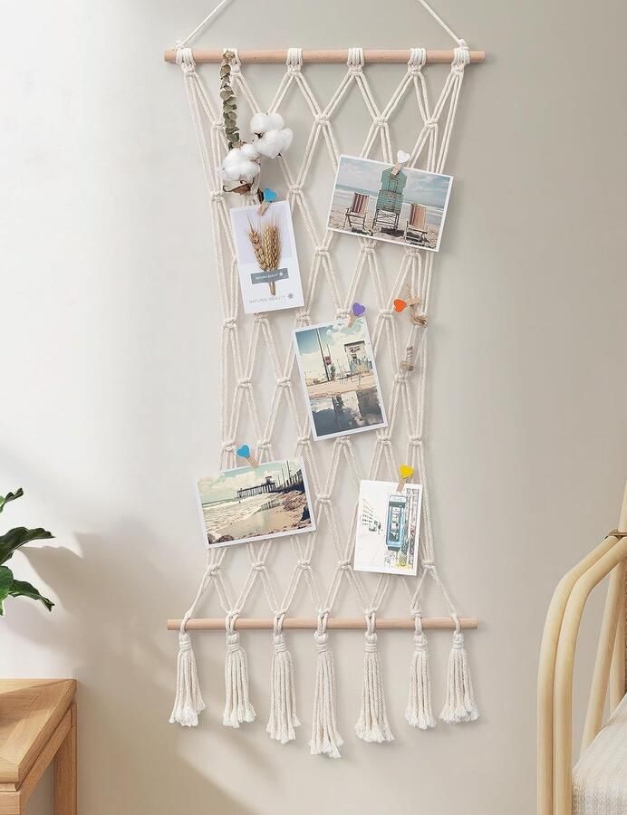 Wandrek hout macramé wandbehang plank boho decoratie zwevende plank kwast handgeweven natuurlijk drijfhout hangrek chic zwevende planken voor woonkamer (fotowand collage)