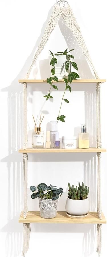 Wandrek hout macramé wandbehang plank boho decoratie zwevende plank kwast handgeweven natuurlijk drijfhout hangrek chic zwevende planken voor woonkamer (premium)