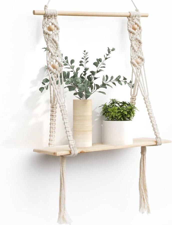 Wandrek hout macramé wandbehang plank boho decoratie zwevende plank kwast handgeweven natuurlijk drijfhout hangrek chic zwevende planken voor woonkamer slaapkamer badkamer Klassisch