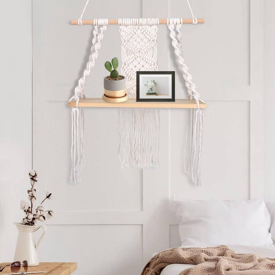 Wandrek hout macramé wandrek boho decoratie zwevend rek kwastje handgeweven natuurlijk drijfhout hangrek chic zwevende planken voor woonkamer slaapkamer badkamer