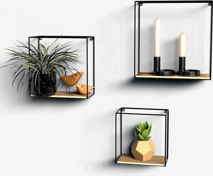 Wandrek Hout Metaal Industrieel zwart Set van 3 Zwevend ontwerp