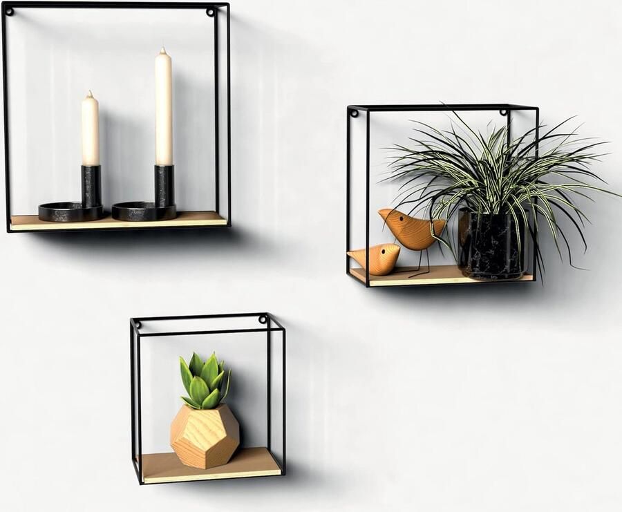 Wandrek Hout Metaal Set van 3 Wandrek Zwevend Wandkast Hangend Industrieel Zwart