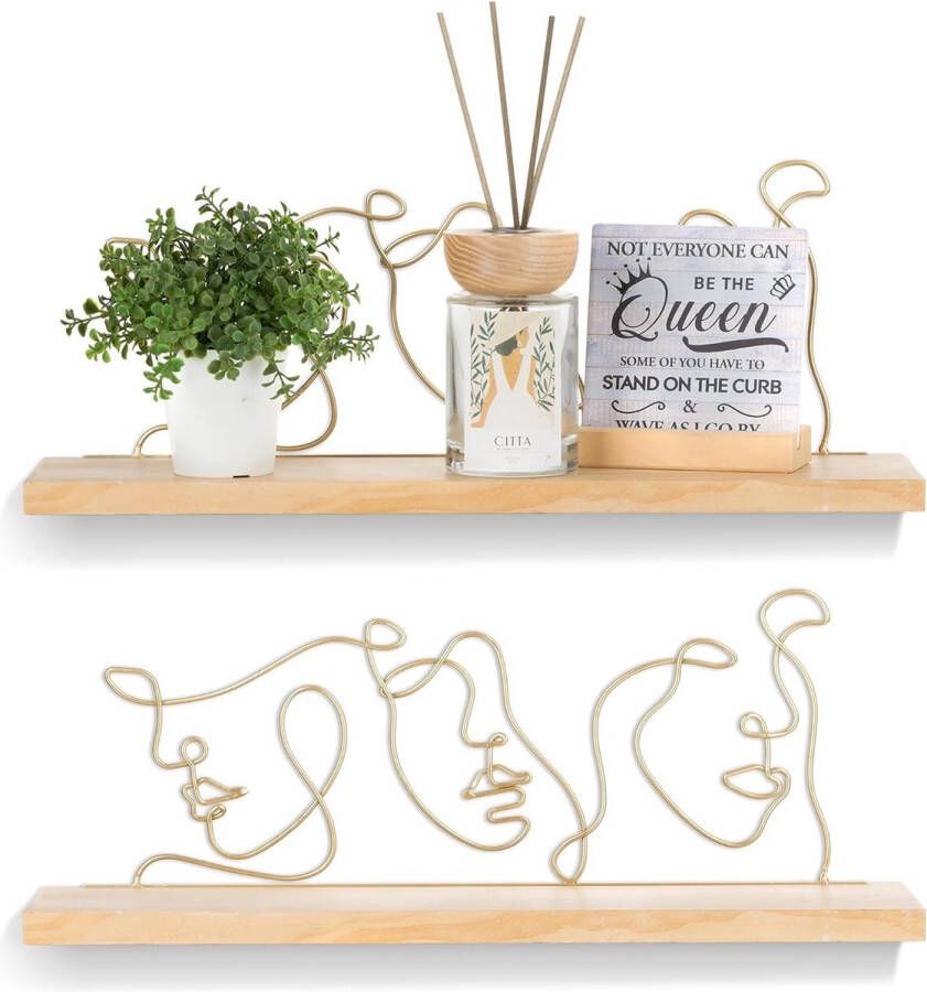 Wandrek hout metaal zwevende plank wanddecoratie goud set van 2 wandplanken moderne wandplanken decoratie woonkamer 40 cm abstract esthetische kunst