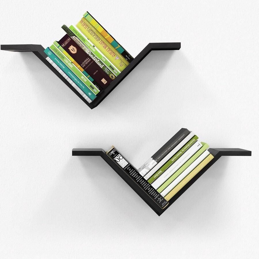 Wandrek hout set van 2 wilde gans-vormig design zwevende planken modern V-vorm wanddecoratie slaapkamer woonkamer Mazjoaru Boekenkast