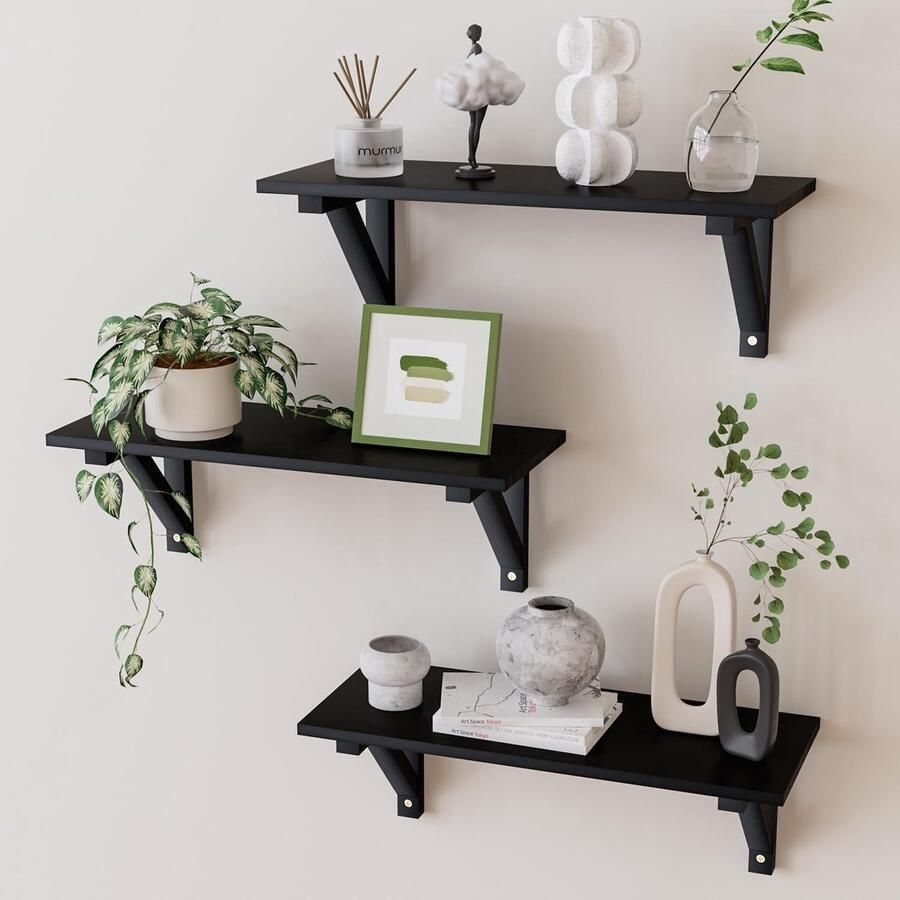 Wandrek Hout Set van 3 Zwevende Planken Zwart Voor Keuken en Woonkamer