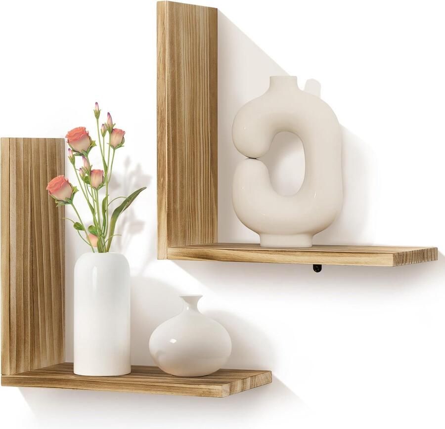 Wandrek hout zwevend rek modern natuur L-vorm plank voor doe-het-zelf zwevend boekenkast voor boek wanddecoratie display wandplanken voor werkkamer slaapkamer woonkamer 35 x 35 x 12