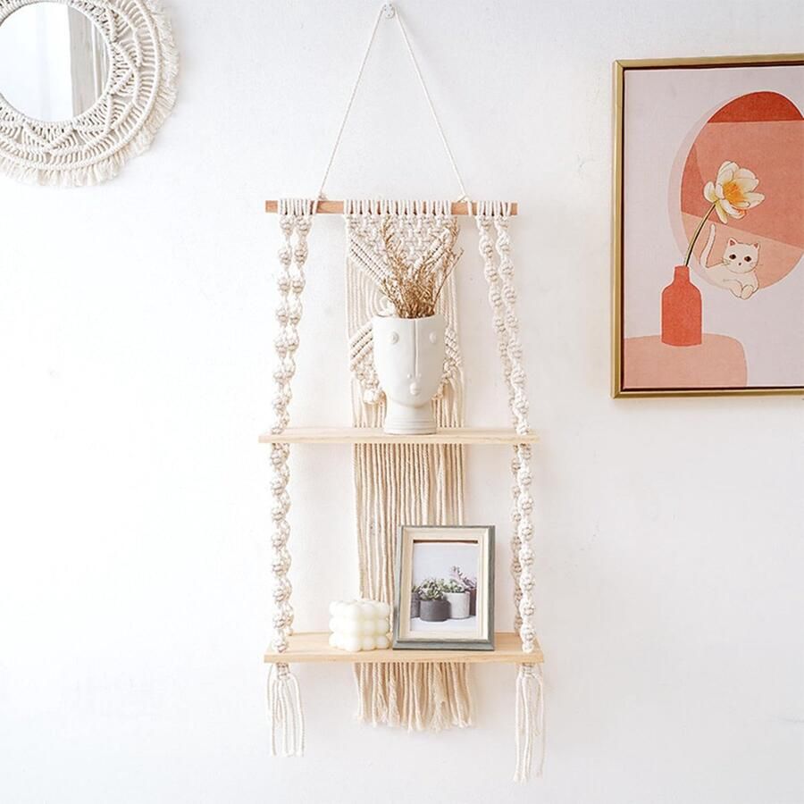 Wandrek houten macramé Boho wanddecoratie 2 standen