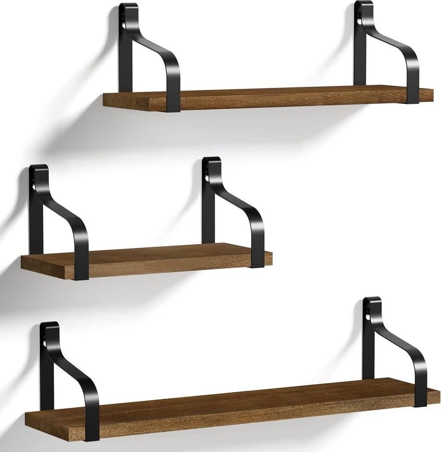 Wandrek Houten Planken Hangend Zwevend Rek Ideaal Voor Alle Ruimtes Set van 3 Donkerbruin Hout Lengte 43 33 23 cm