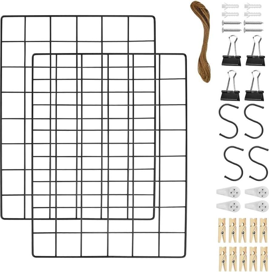 JGS 2 stuks wandrooster zwart wanddecoratie multifunctionele rasterwand 30 x 40 cm doe-het-zelf ijzeren rooster fotowand decoratie prikbord foto aan het memobord ophangen in de familie