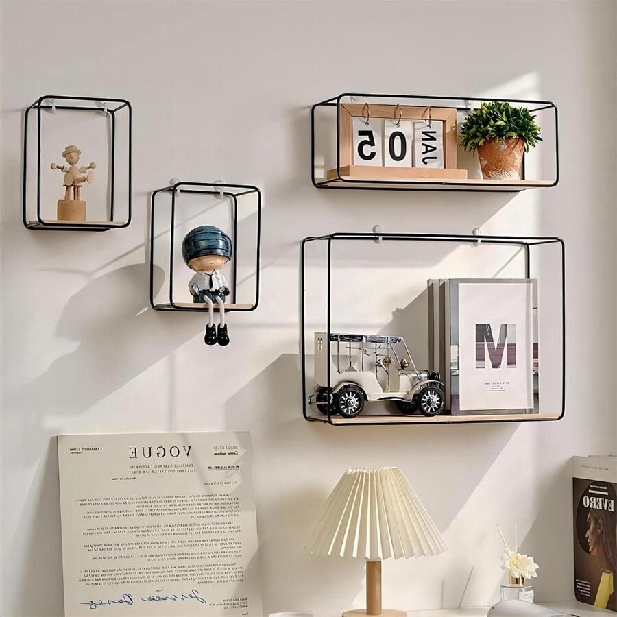 Wandrek ijzer en hout moderne wanddecoratie set van 4 zwart ijzer en hout