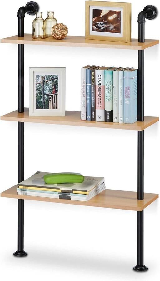 Wandrek industrieel design hout metaal 1125x60x24 cm naturel 3 planken