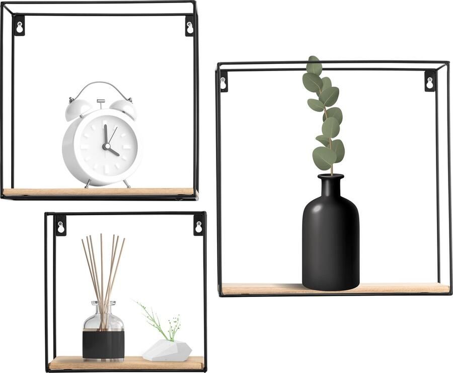 Happy Goods Happy Goods Wandrek Set van 3 Zwevend Vierkant Industrieel Wanddecoratie Metaal hout Boekenrek Wandkast Woondecoratie Halmeubel Woonkamer Decoratie Wandmeubel - Foto 3