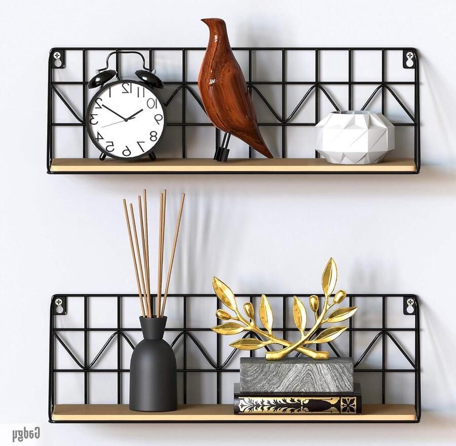 Wandrek Industrieel Wandplank Set van 2 Zwart Metaal & Hout 45 x 12 x 15 cm