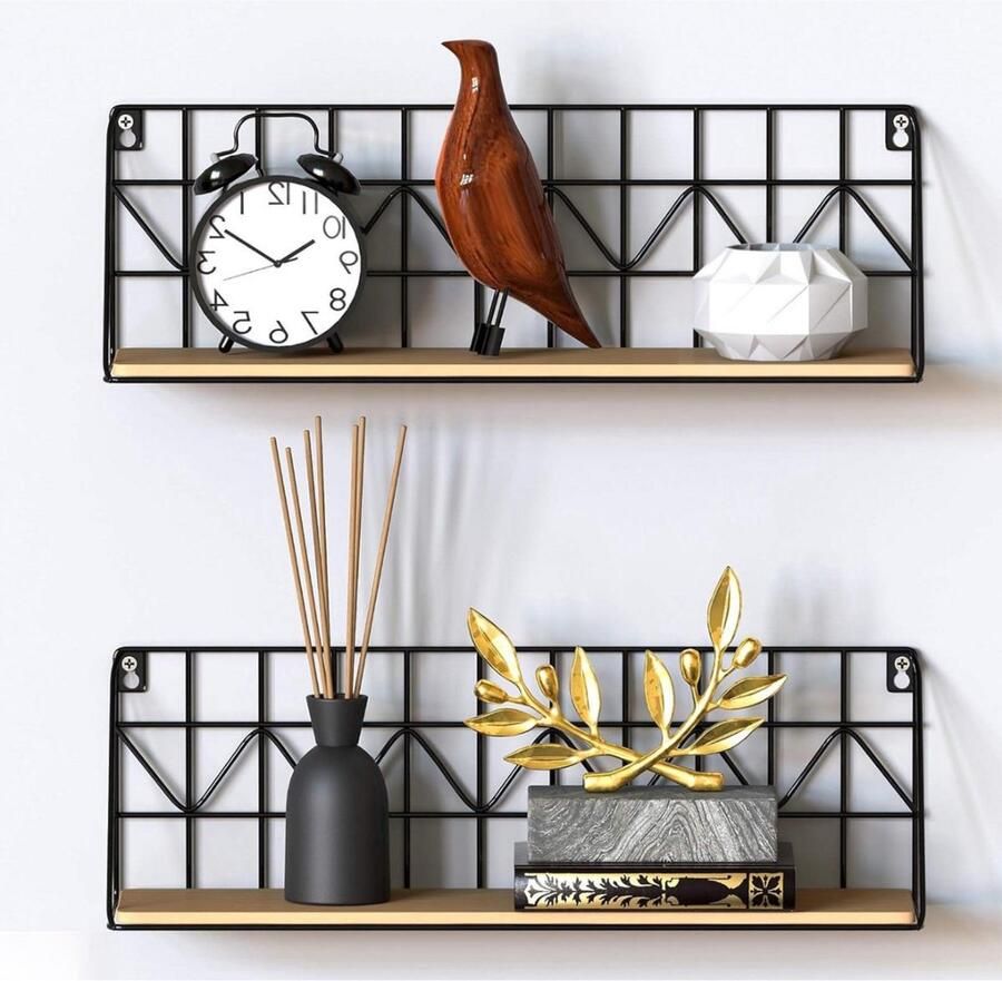 Wandrek Industrieel Wandplank Set van 2 Zwart Metaal & Hout 45 x 12 x 15 cm