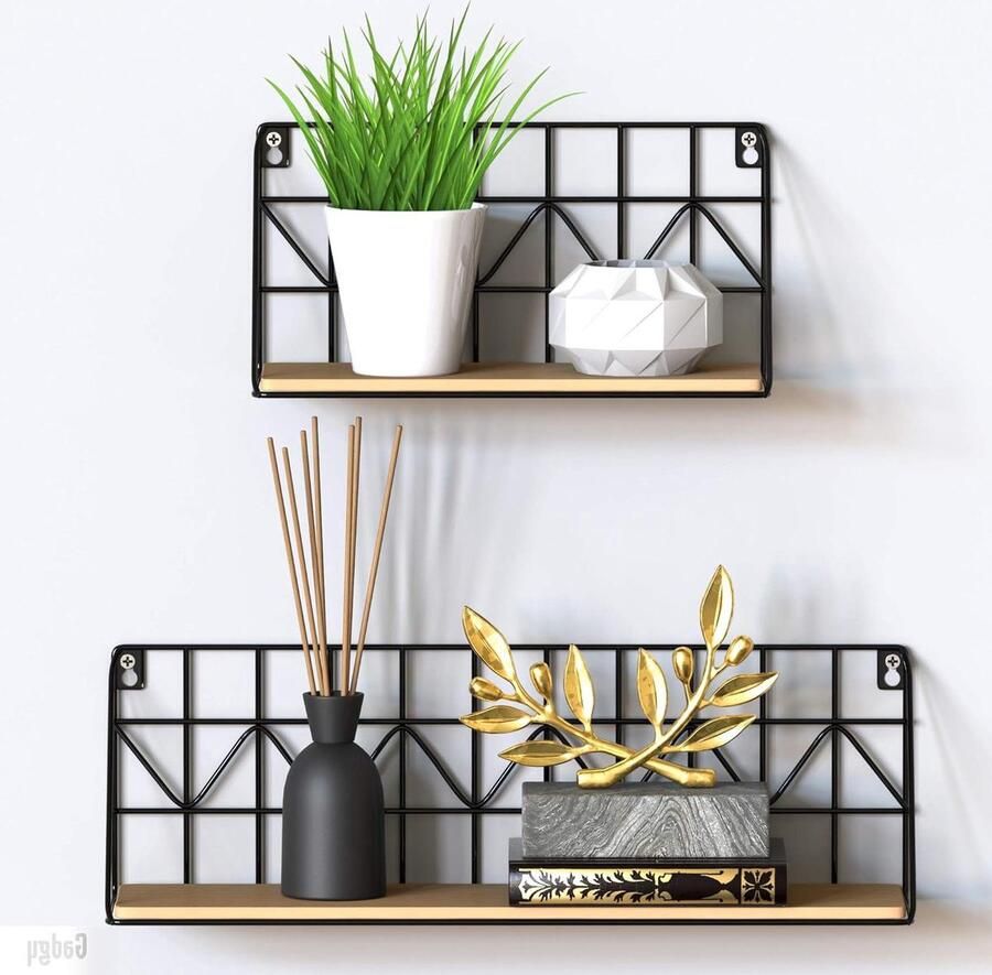 Wandrek Industrieel Zwart Metaal & Hout Wandplanken Set van 2 Zwart Metaal & Hout Afmetingen: 45 x 12 x 15 cm & 30 x 12 x 15 cm