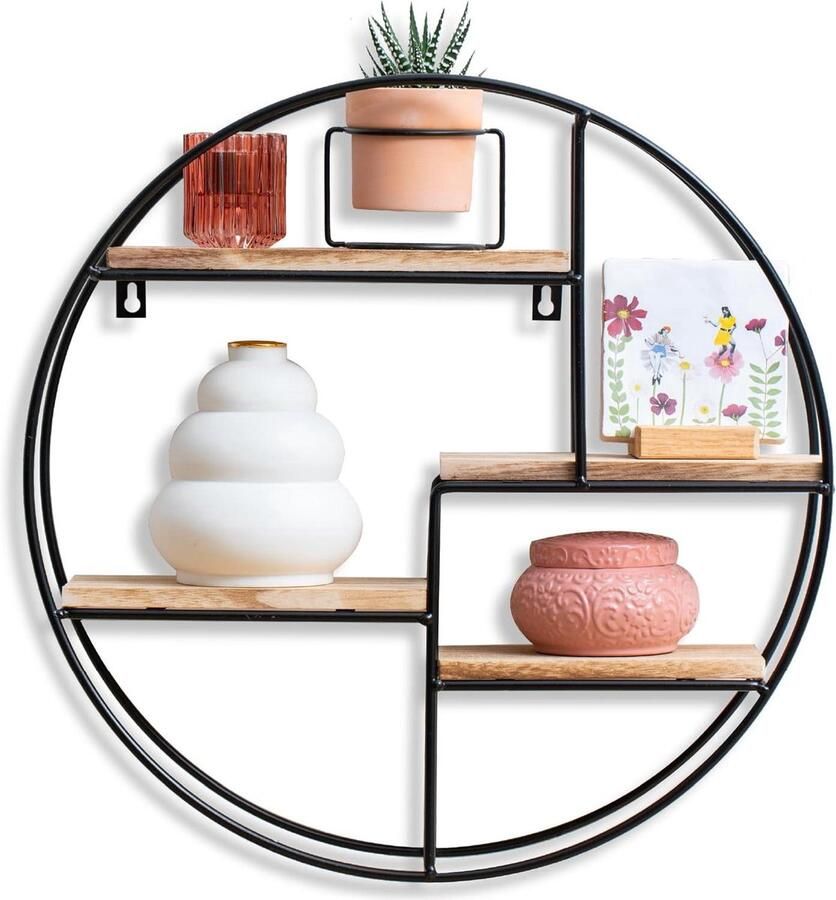 Wandrek Industrieel Zwart Metaal Rond 4 Houten Planken Ø 42 cm