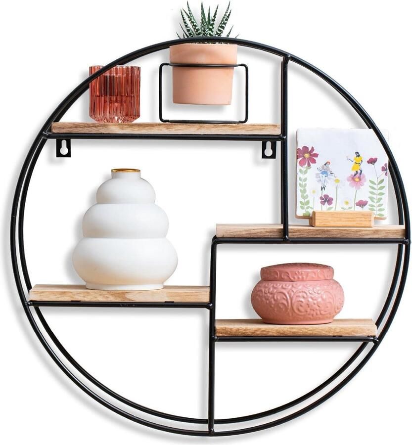 Wandrek Industrieel Zwart Metaal Rond Met 4 Houten Planken Ø 42 cm. x 10 cm. diep hexagon shelves