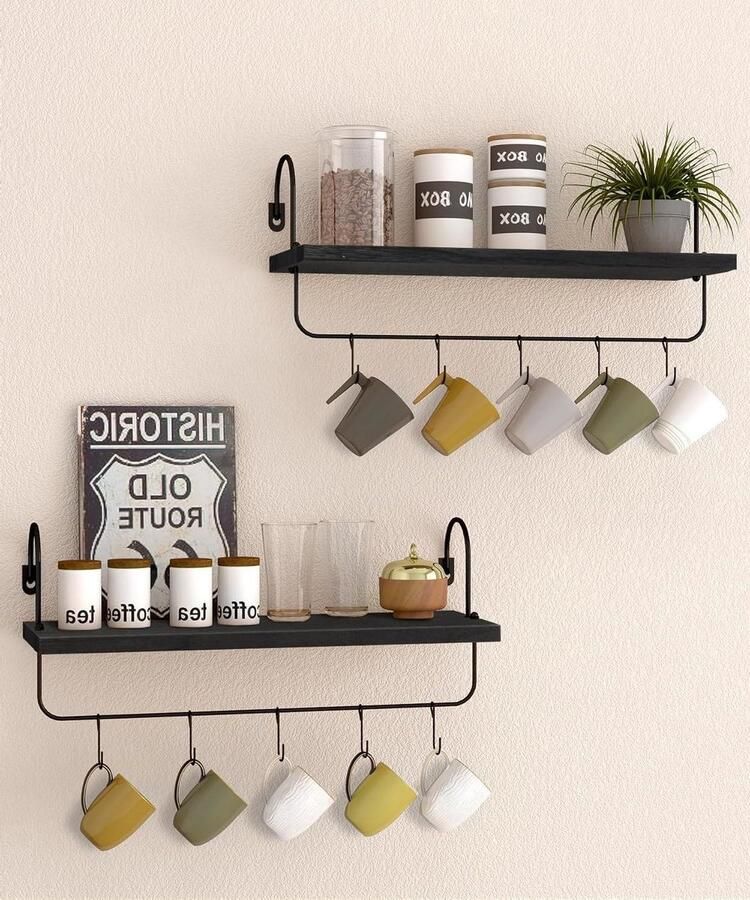 Wandrek koffiebar keukenrek set van 2 wandboard met handdoekhouder haken rustiek vintage industrieel design decoratie hangrekken voor badkamer woonkamer kopjesrek zwart