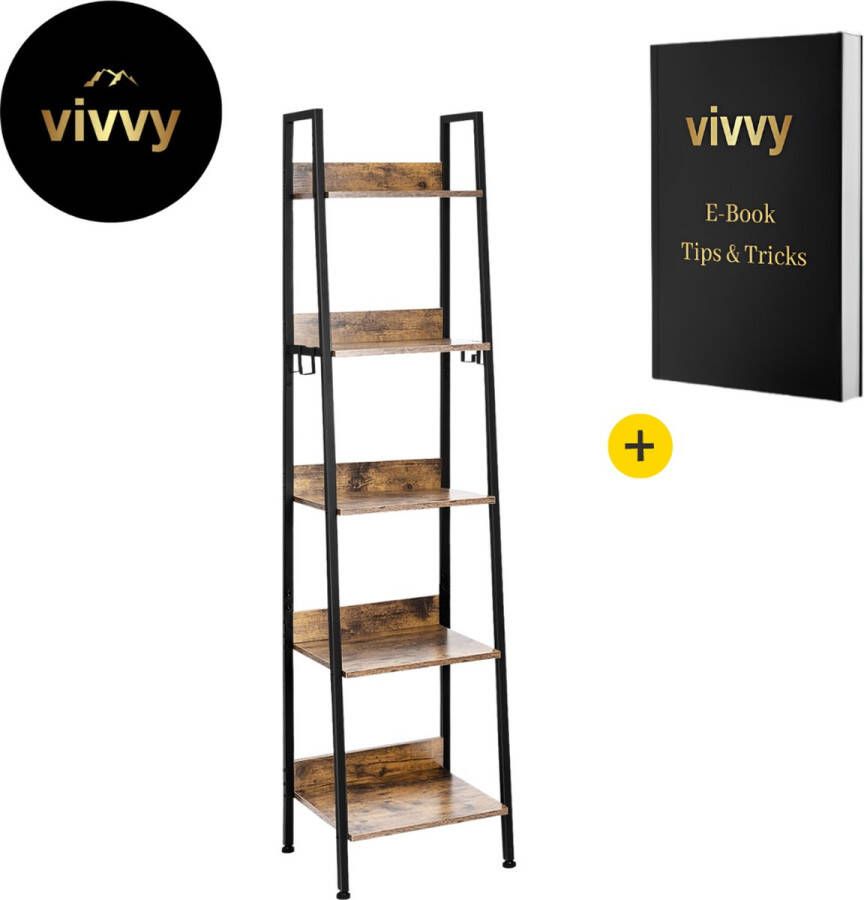 Wandrek Ladder Ladderrek 3 In 1 Boekenkast Ladder Industrieel 100% Tevredenheidsgarantie 5 Verdiepingen 40*170*36 Cm Incl. 4 Haken