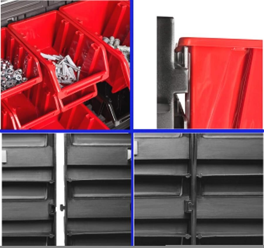 Wandrek met 29 stapelbakken voor optimaal opberging uitbreidbaar en geschikt voor werkplaats en garage - Foto 2