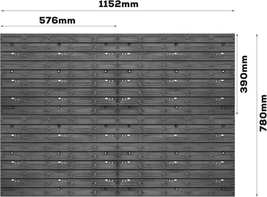 Wandrek met 114 Stapelboxen voor Flexibele Opberging Extra Sterke Platen Uitbreidbaar Werkplaatsrek