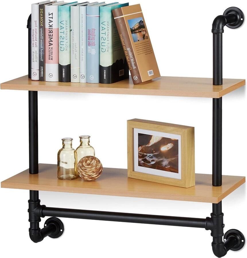 Wandrek met 2 planken industrieel voor wandmontage 1 stuk hout en metaal 68 5x60x24 cm