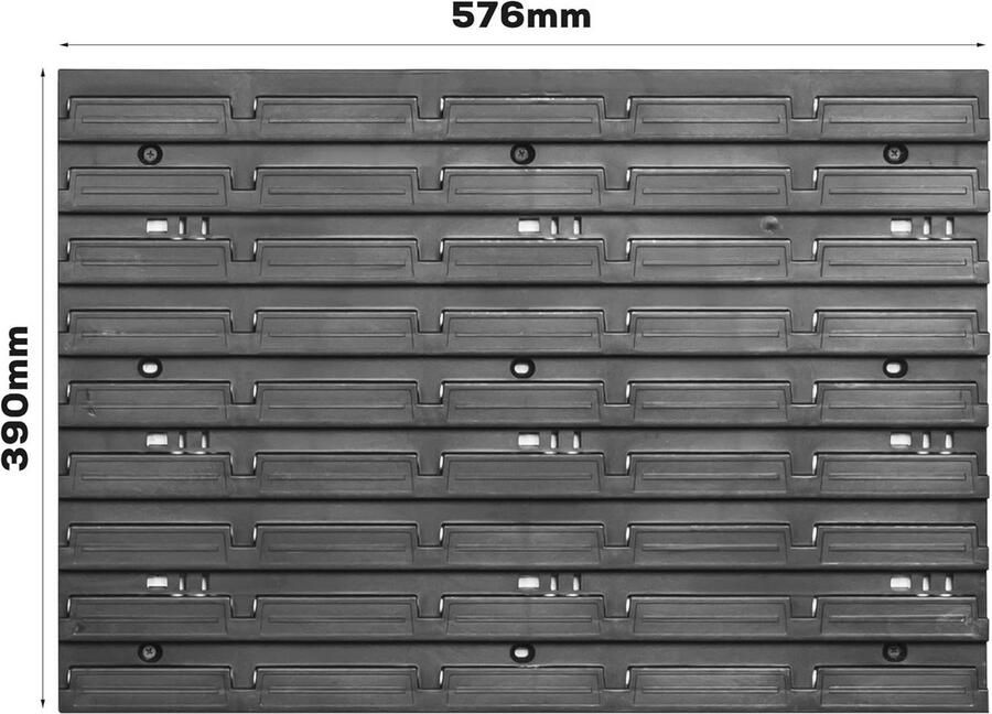 Wandrek met 29 stapelbakken voor optimaal opberging uitbreidbaar en geschikt voor werkplaats en garage