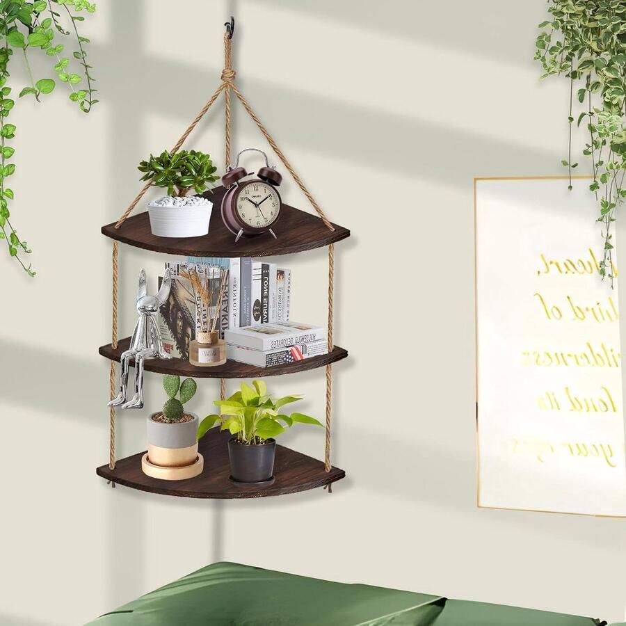 Wandrek met 3 Etages Boho-decoratie Handgeweven Hout Macramé