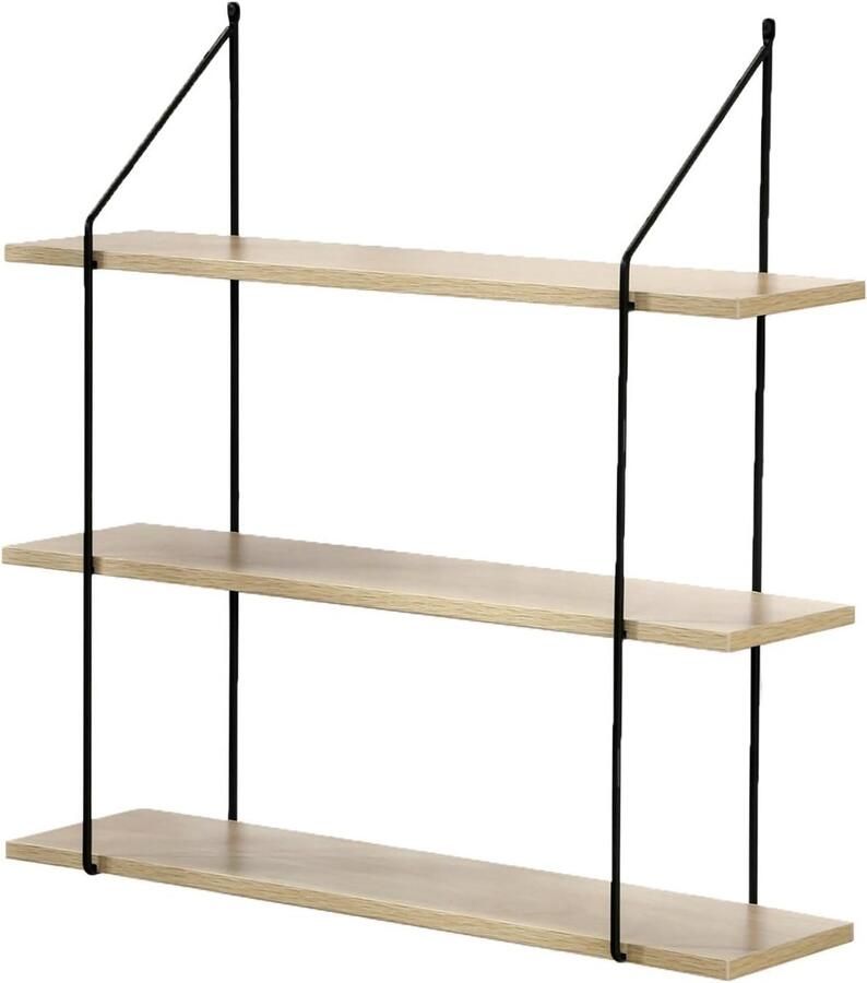 Wandrek met 3 Niveaus Houten Wandplank met Metalen Steunen voor Hal Woonkamer of Slaapkamer Industriële Stijl 60cm Breed