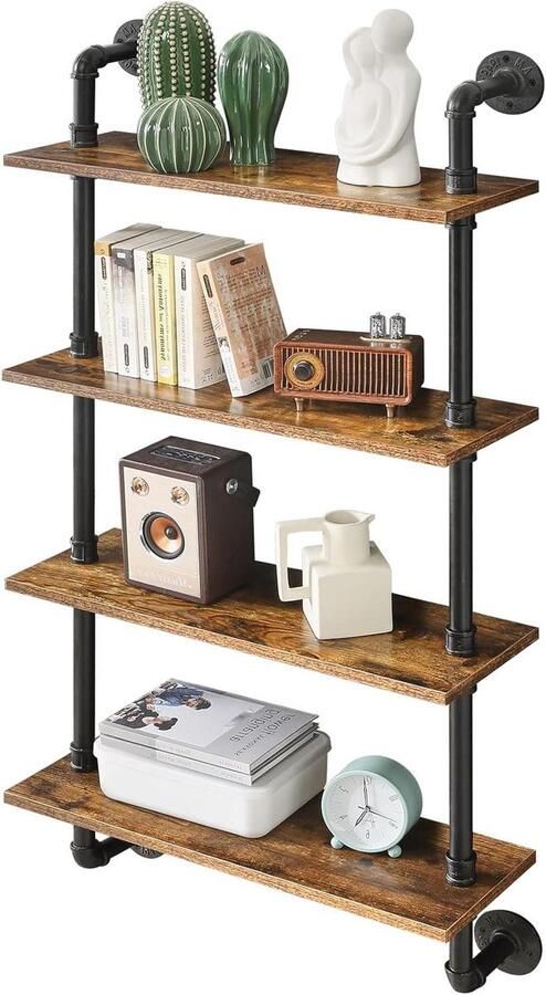 Wandrek met 4 verdiepingen in retro industrieel design 60 cm Houten wandboard voor boeken en decoratie Geschikt voor planten en wijnflessen Stabiel metalen frame Voor keuken woonkamer en kantoor