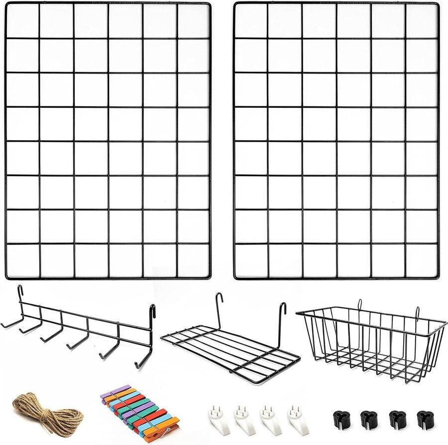 Wandrek Met Accessoires 2-Pack Inclusief Mand Rekje en Ophangrek Memobord Industrieel Fotorek Voor Studentenkamer Keuken Gang Woonkamer Studeerkamer Badkamer WC Wandrek