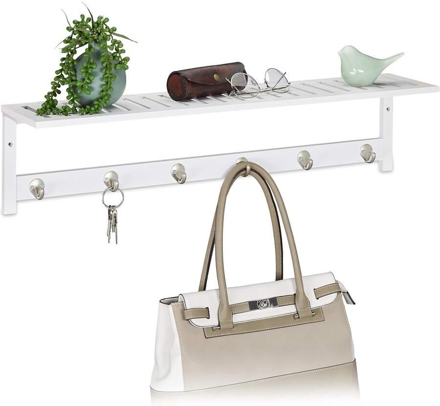 Wandrek met Haken Handige Opbergoplossing 1 stuk Wit Bamboe