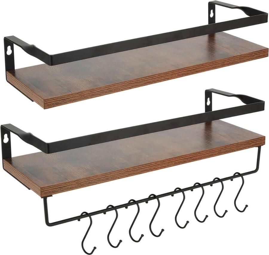 Wandrek met Haken Multifunctioneel Keukenrek 2 Stuks Hout en Metaal 42 cm