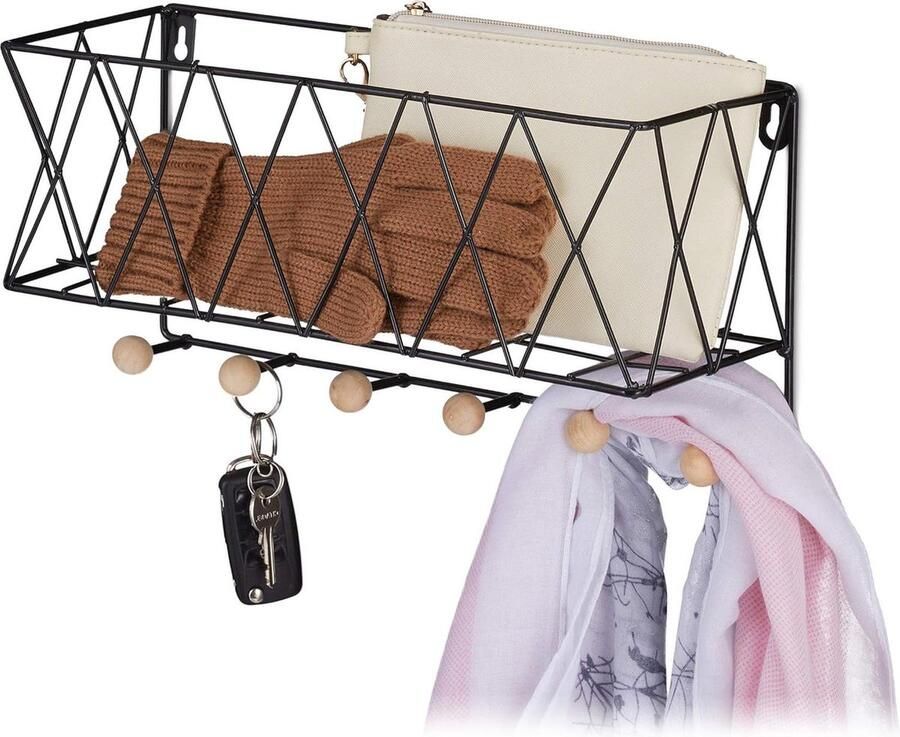 Wandrek met haken wandkapstok 6 haken zwart metaal & hout 17 x 36 x 13 cm