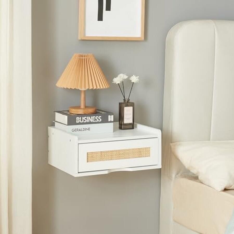 Wandrek met la Lade Nachtkastje Hangend Zwevende Plank 40x30x17 cm Wit Rotan Look