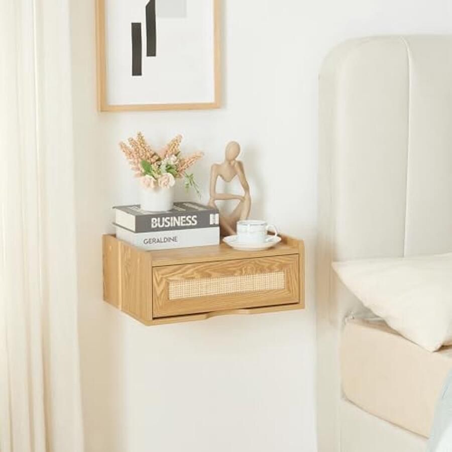 Wandrek met Lade Hangend Nachtkastje Zwevende Plank Wandmontage Eikenkleurig met Rotan Look