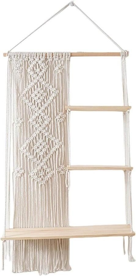 Wandrek met macramé wandbehang en boho-decoratie voor planten en foto's 3-traps tentoonstellingsrek met kwast en geweven touw Rustieke wanddecoratie voor thuis slaapkamer Natuurlijke houten uitstraling