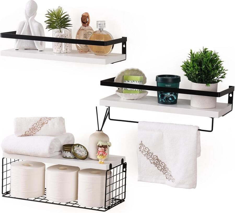 Wandrek met metalen rooster en opbergmand stijlvol en praktisch 1 stuk wit hout en metaal