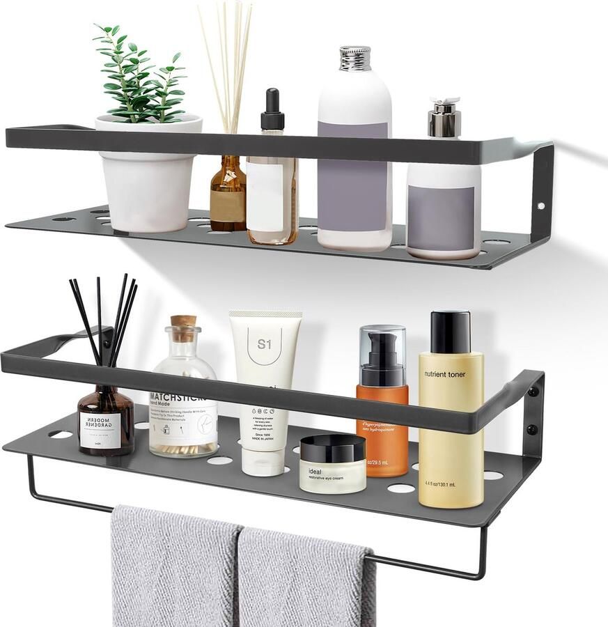 Wandrek metaal badkamerrek keukenrek set van 2 metalen plank muur 41 cm met handdoekhouder voor woonkamer keuken badkamer werkkamer grijs