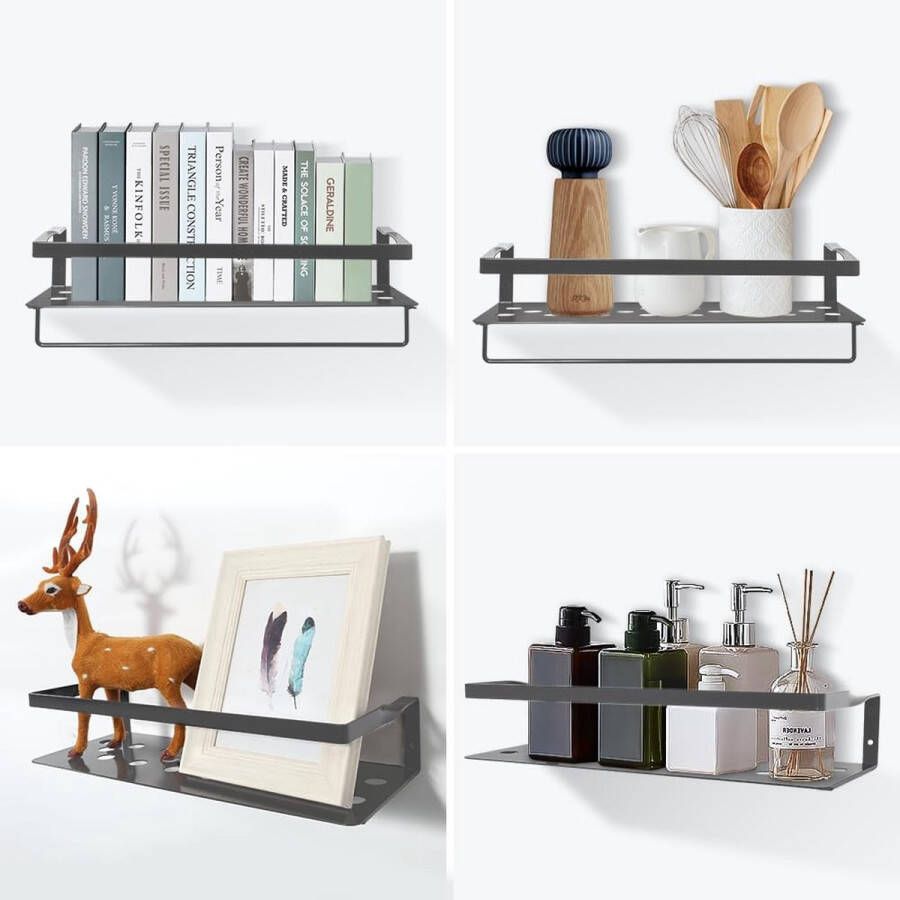 Wandrek metaal badkamerrek keukenrek set van 2 metalen wandrek 41 cm met handdoekhouder voor woonkamer keuken badkamer werkkamer grijs - Foto 2