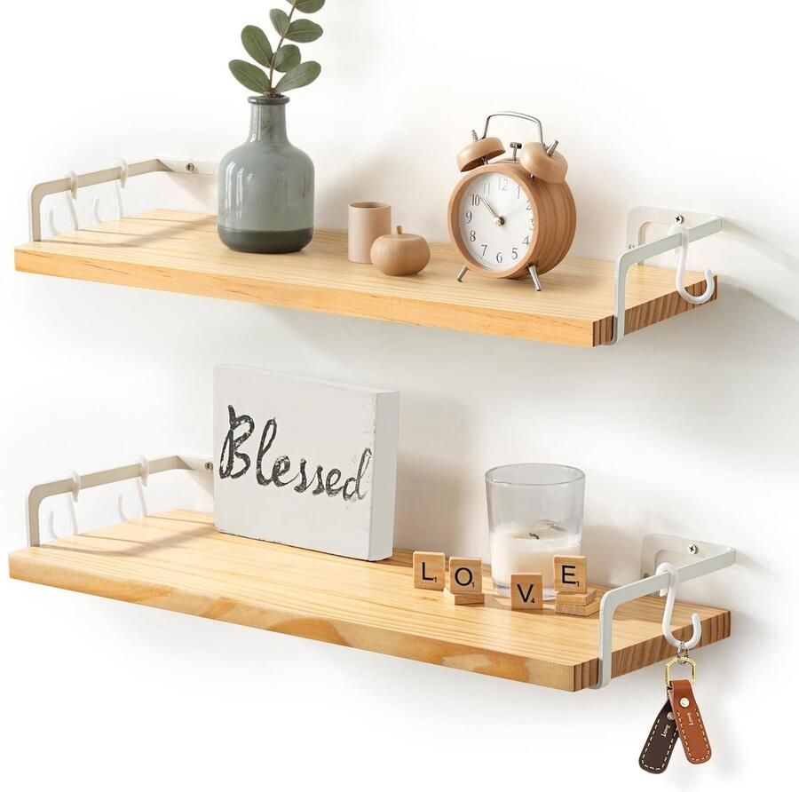 Wandrek met Haken Modern en Functioneel 1 stuk Wit Hout en Metaal 40 cm