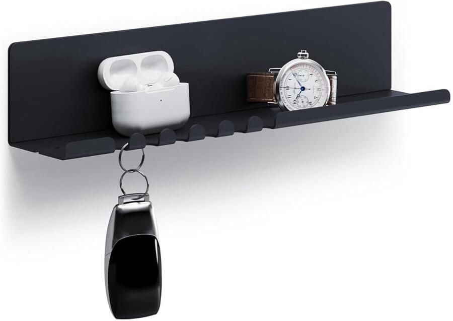 Byde Helke wandplank 30 x 6 x 6 cm 5 haken en kabelhouder hangplank van gepoedercoat plaatstaal sleutelrek organizer en letters voor entree keuken kantoor kleur zwart