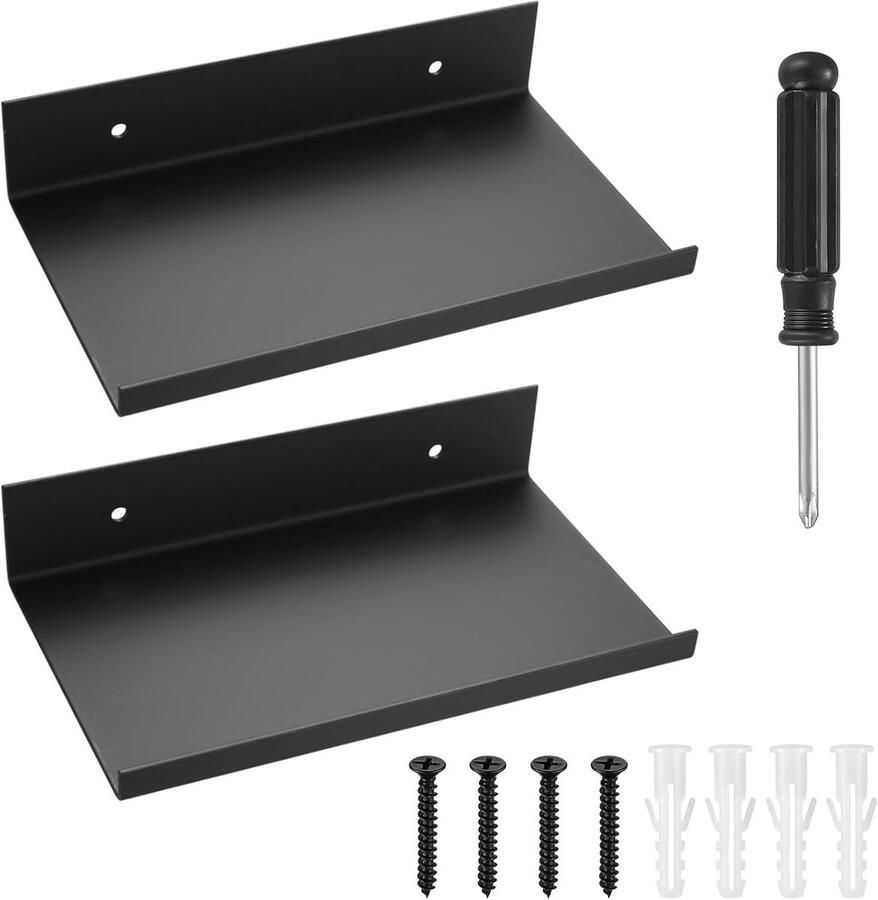 Zwarte Metalen Wandplanken – Set van 2 Zwevende Planken voor Woonkamer Slaapkamer en Badkamer – 20x12x4 cm